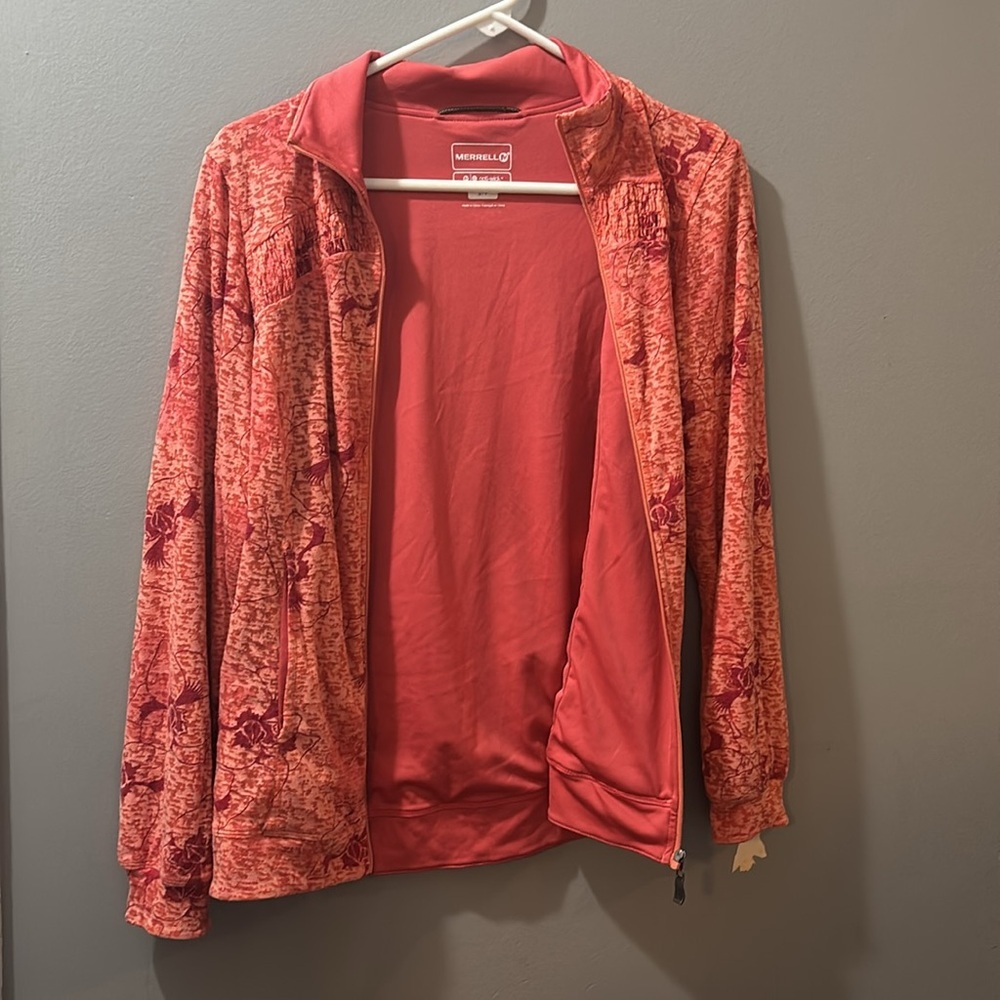 Merrell Opti-Wick Full Zip Knit Light Jacket Floral Pockets Red Orange Sz Small - Picture 12 of 12